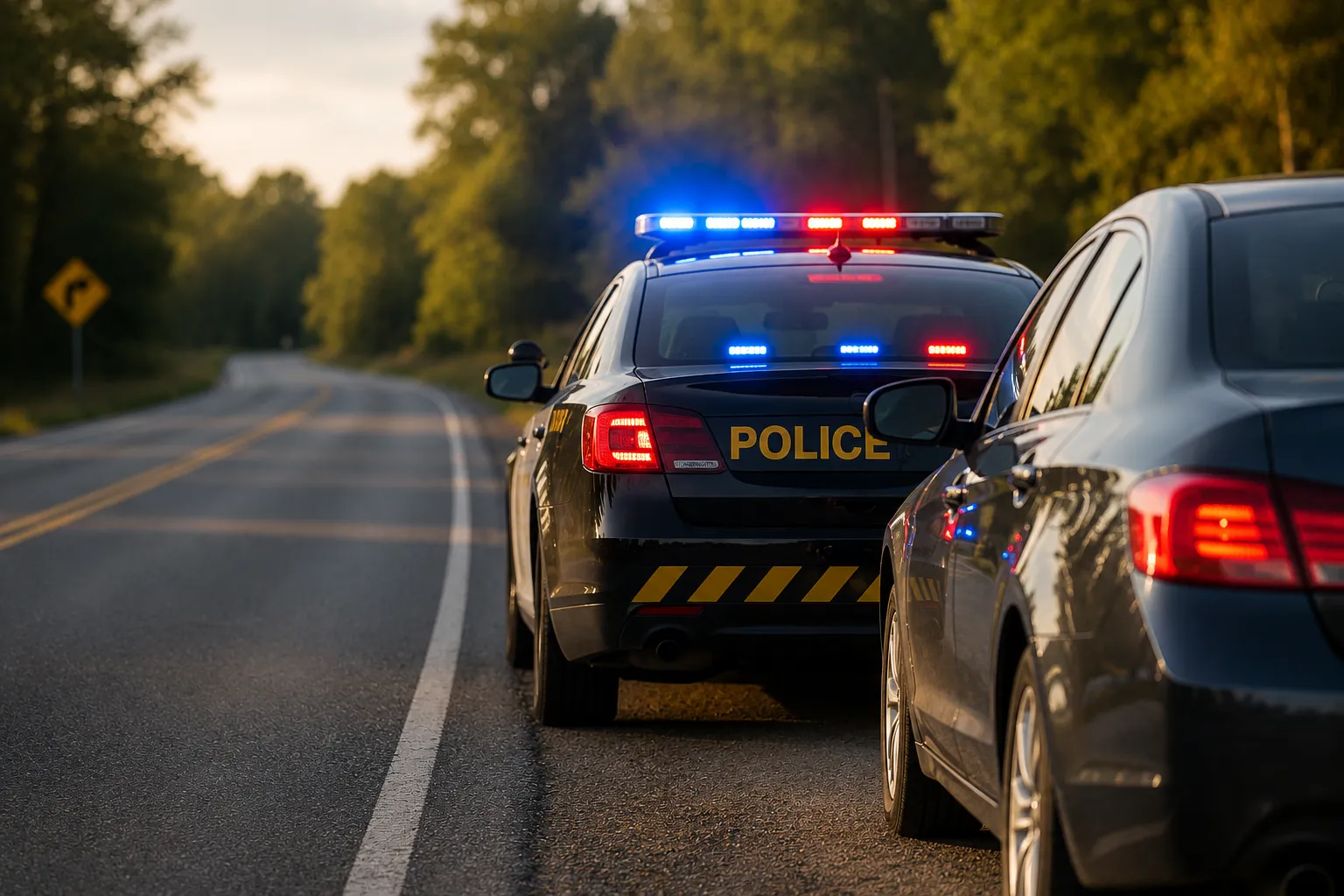 A police cruiser with its red and blue roof lights flashing, stopped on the shoulder of a rural road at dusk behind a dark car it has pulled over