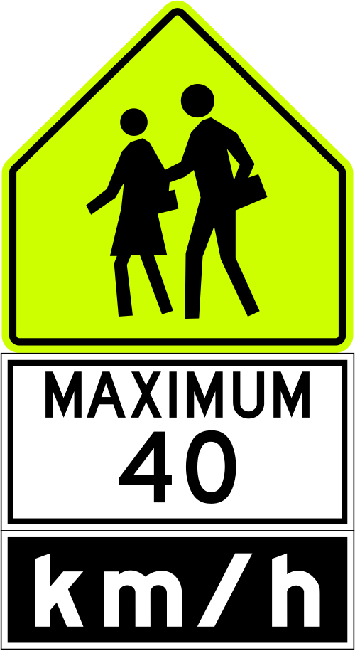 School-zone maximum-speed sign, a fluorescent yellow-green sign with two walking figures above a panel reading MAXIMUM 40 km/h
