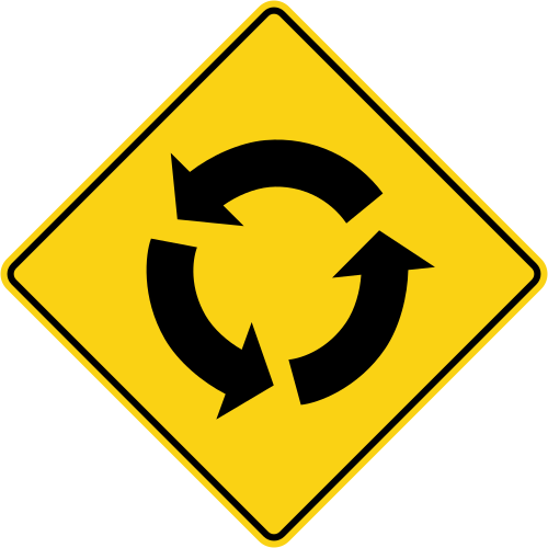 Roundabout-ahead warning sign, a yellow diamond with three black curved arrows arranged in a circle