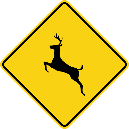 Deer-crossing warning sign, a yellow diamond showing a black leaping deer