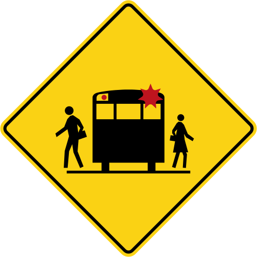 School bus stop ahead warning sign, a yellow diamond showing the back of a school bus with a flashing red light and a child walking on each side