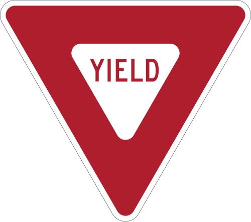 Ontario yield sign, a downward-pointing triangle with a red border and a white centre reading YIELD